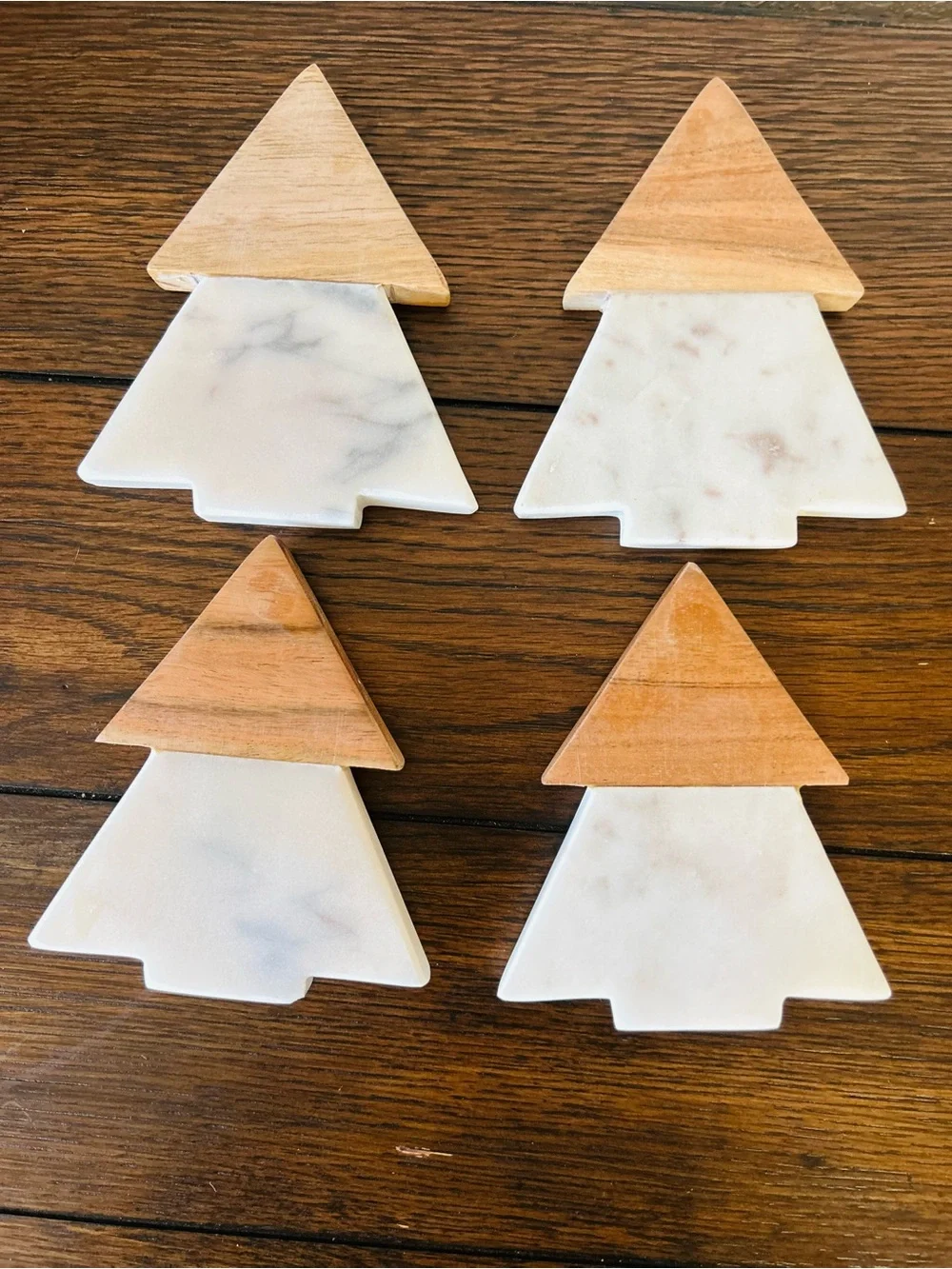 Marble & Wood Tree Coasters - White and Brown Holiday Set